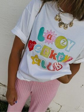 White 'Lazy Weekend Club' Graphic womens Tee - Multicolor